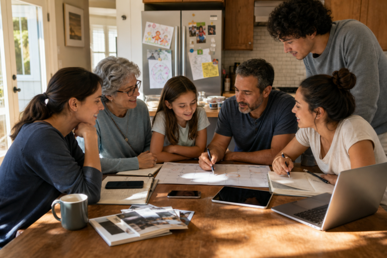 Family and friends planning at a kitchen table with devices, notes, and printed photos, representing connected everyday planning and memories.