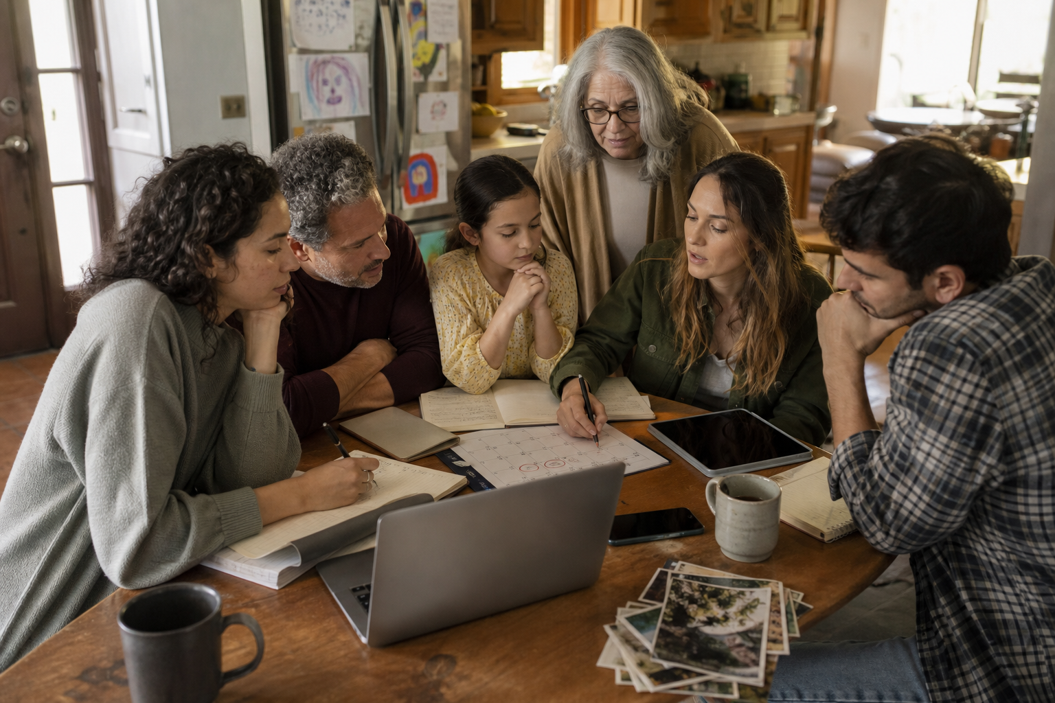 Family and friends planning at a kitchen table with devices, notes, and printed photos, representing connected everyday planning and memories.