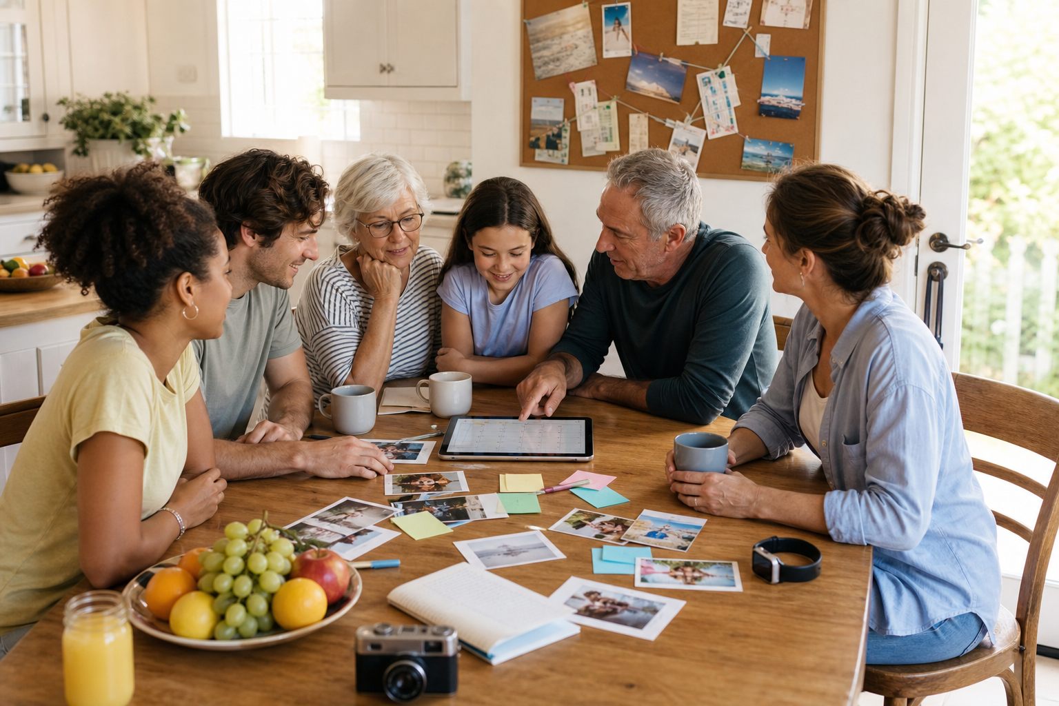 Family and friends planning the week with a shared calendar, printed memories, and running gear in view.