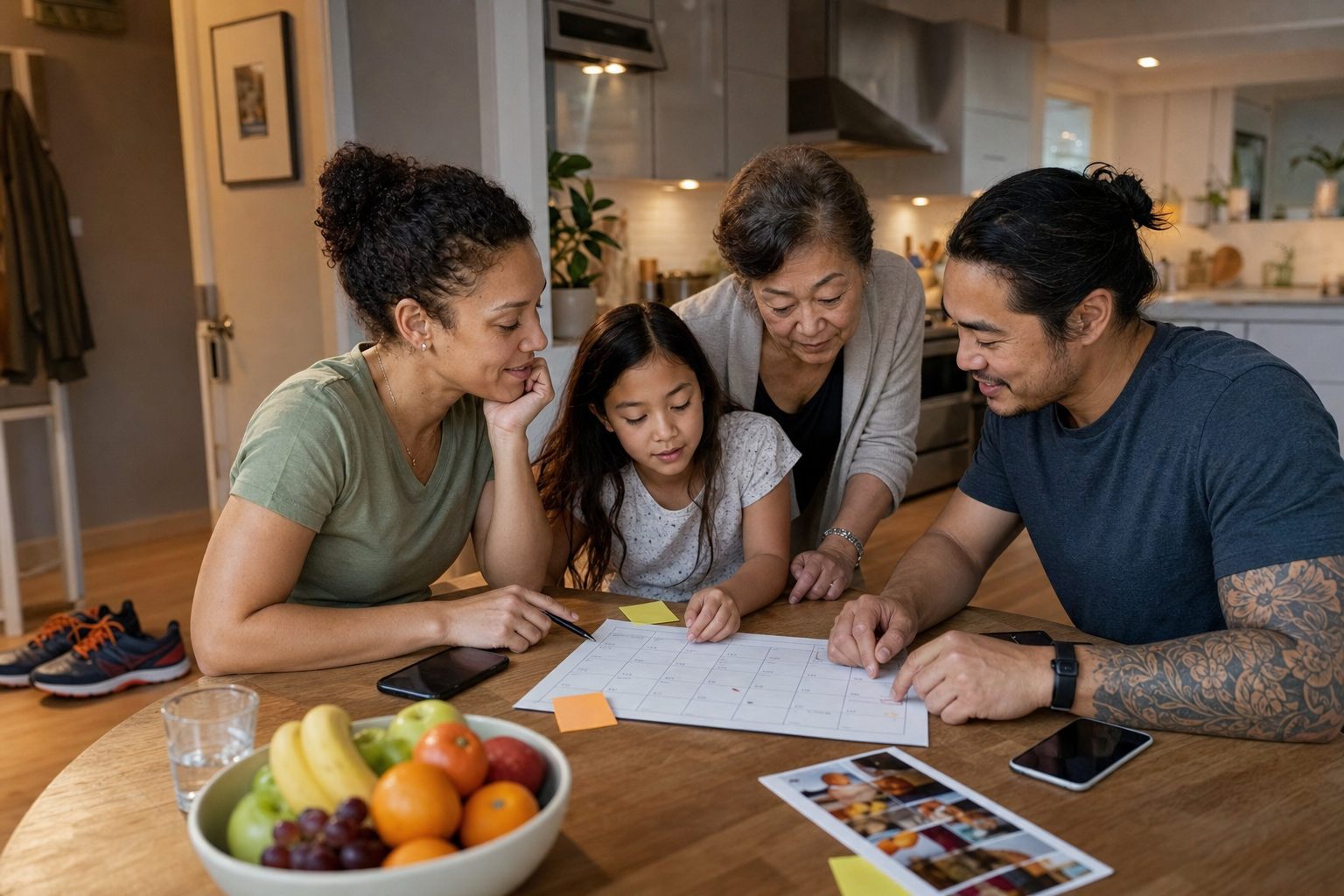 A family planning their week together at the kitchen table with phones, notes, and a paper calendar.
