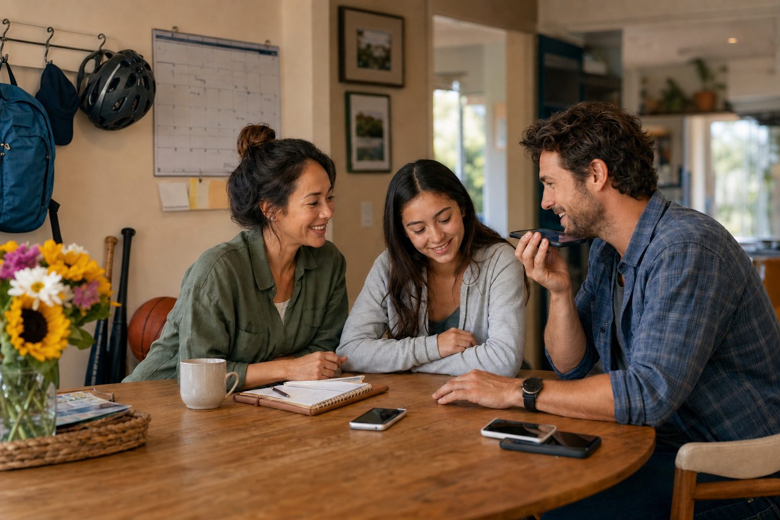A family coordinating schedules in a cozy kitchen with calendars and weekend gear on the table.
