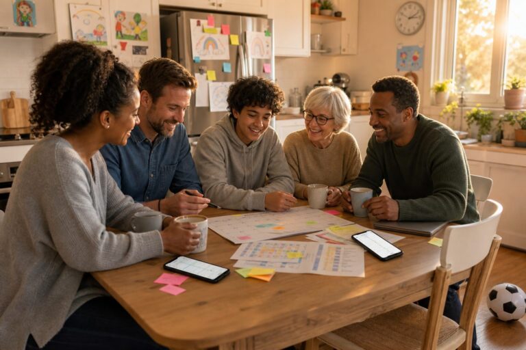 A family and friend planning their week together at a kitchen table with phones, paper schedules, and coffee.