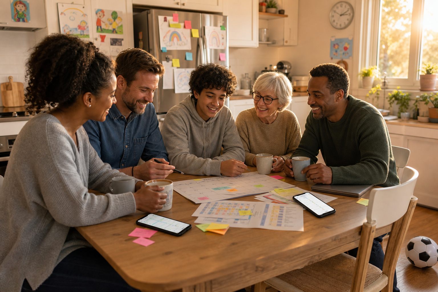 A family and friend planning their week together at a kitchen table with phones, paper schedules, and coffee.
