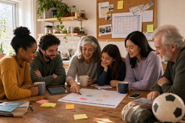 People of different ages at a kitchen table planning their week with phones, a paper calendar, and keepsakes nearby.
