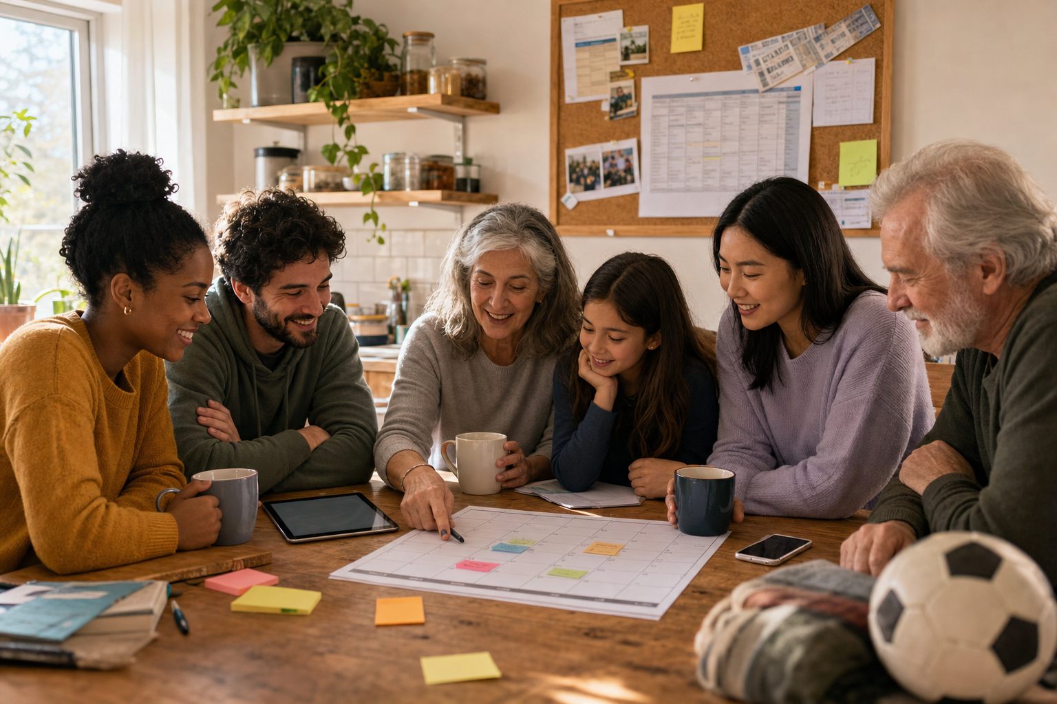 People of different ages at a kitchen table planning their week with phones, a paper calendar, and keepsakes nearby.