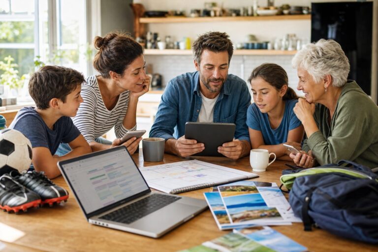 Family coordinating schedules and memories together at a kitchen table, July 2026.