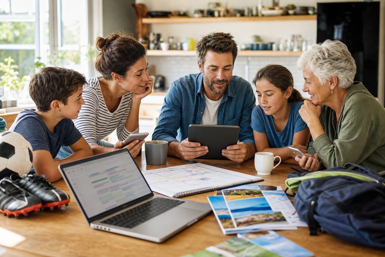 Family coordinating schedules and memories together at a kitchen table, July 2026.