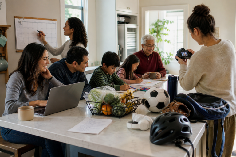 A diverse family and friend gather around a kitchen table planning the weekend with calendars, phones, and a grocery list.