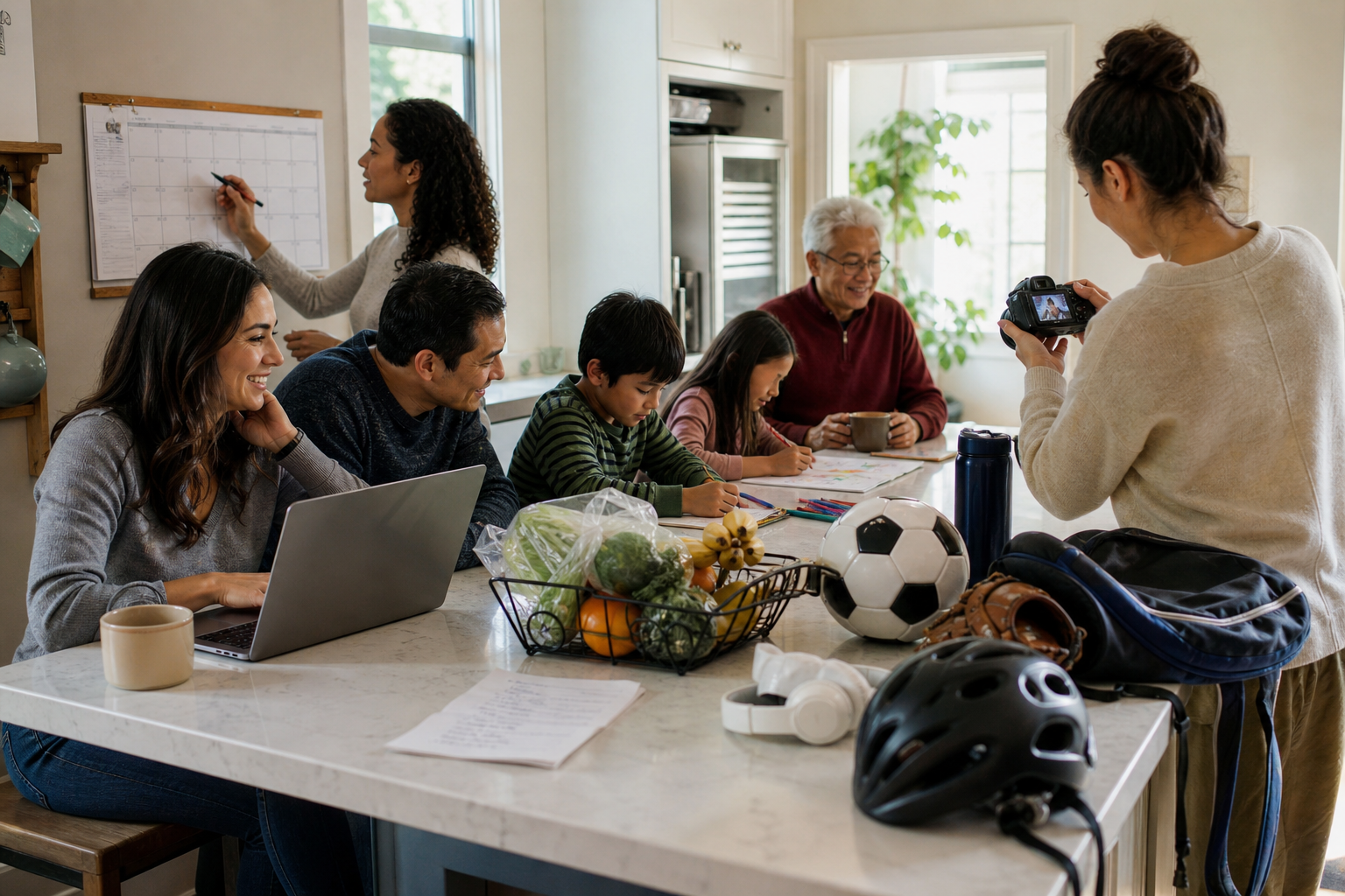 A diverse family and friend gather around a kitchen table planning the weekend with calendars, phones, and a grocery list.