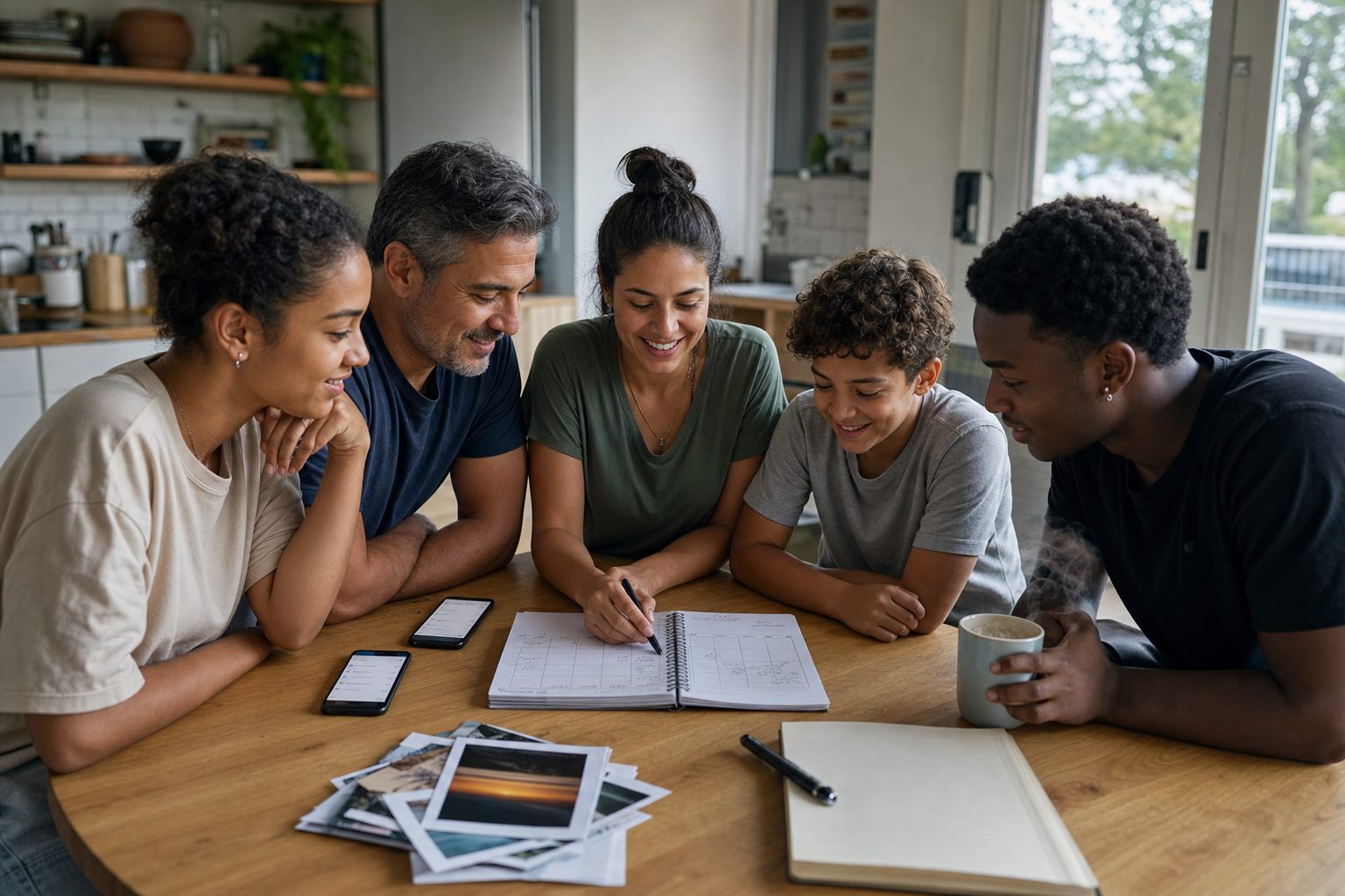 Family and friends planning their week together at a kitchen table with calendars, phones, photos, and running shoes nearby.