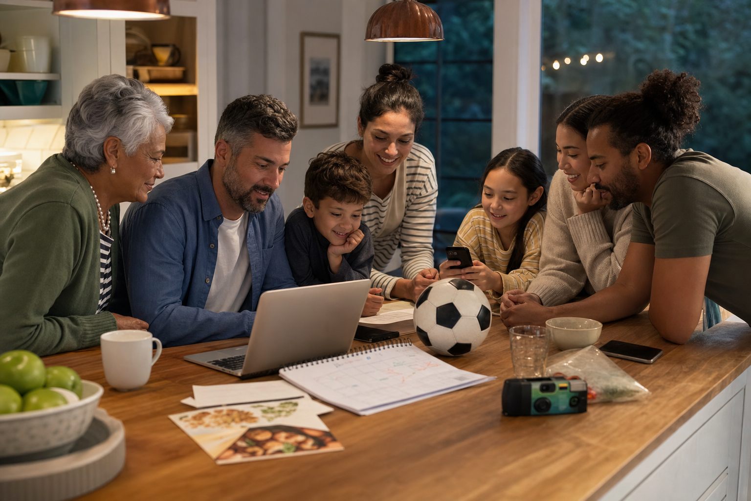 A multigenerational family and friend organizing their shared plans, routines, and memories together at a kitchen island.