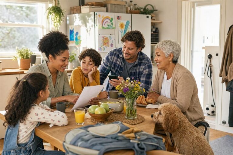 A family and visiting grandparent planning the weekend together around a bright kitchen table.