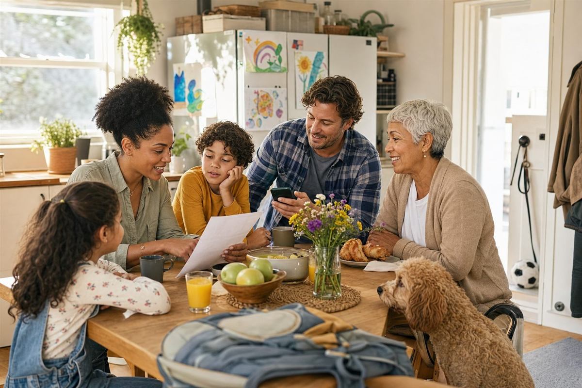 A family and visiting grandparent planning the weekend together around a bright kitchen table.