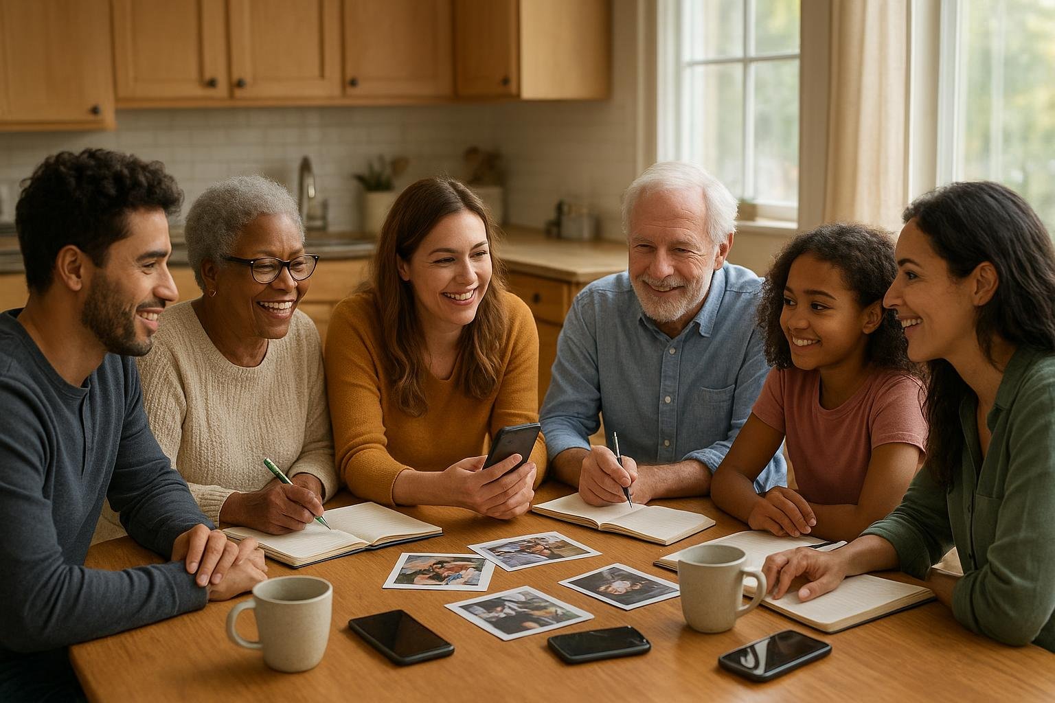 Family and friends gathered around a kitchen table planning the week with notebooks, phones, snacks, and printed photos nearby